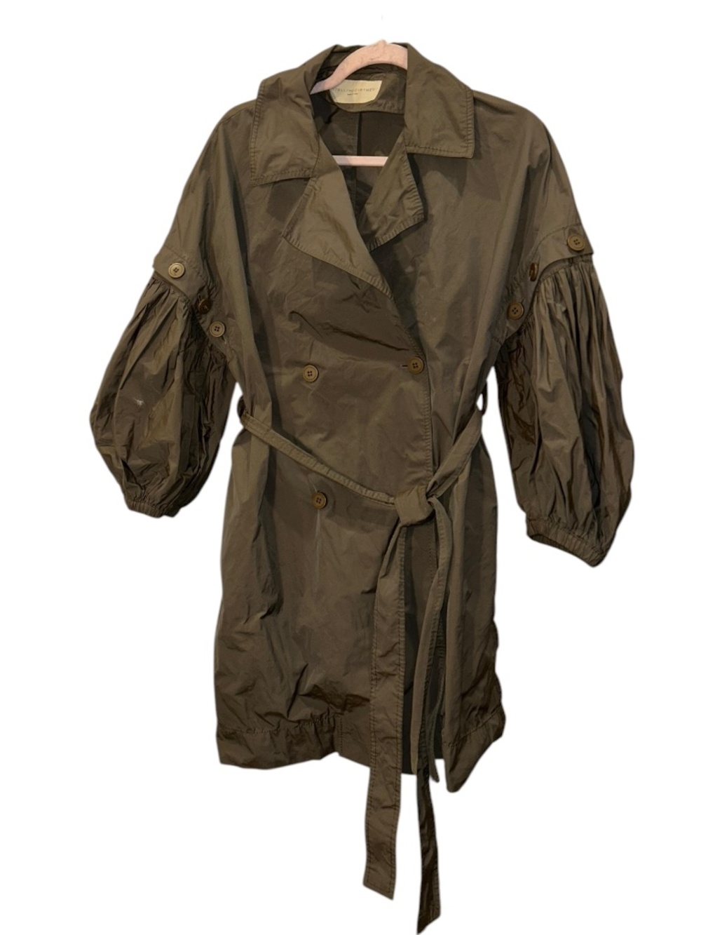 Stella McCartney deep khaki balloon sleeve short trench coat rain jacket 44 M/L